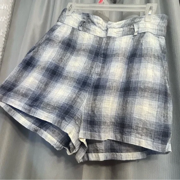 REFORMATION Rossi paper bag Shorts Blue Plaid 100% Linen not original belt - Picture 7 of 16